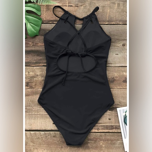 Black One Piece Swimsuit High Neck Tummy Control Swimwear Bathing Suit SIZE M - Picture 2 of 6